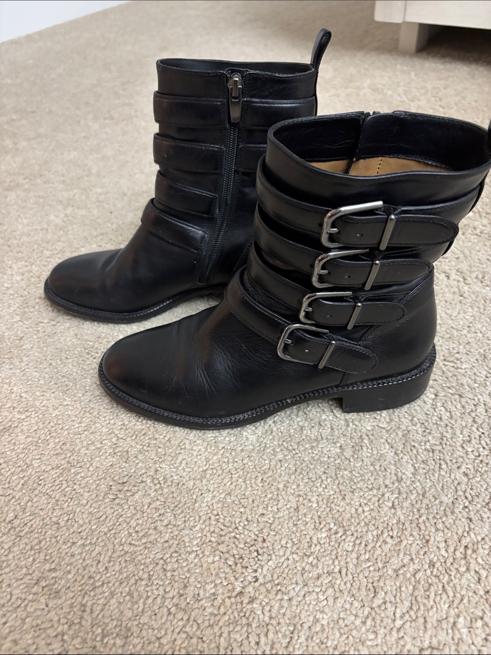 Via Spiga Black Leather Buckle Strap Ankle Boots